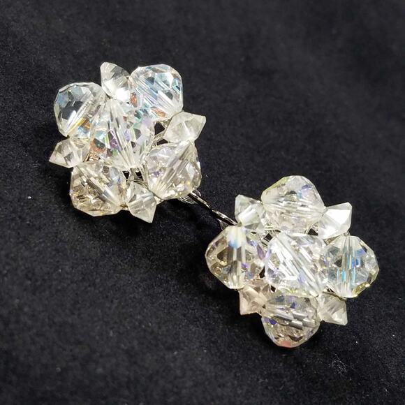 Coro Aurora Borealis Crystal Clip Earrings Silver Tone 1950s Vintage Jewelry - Picture 8 of 10